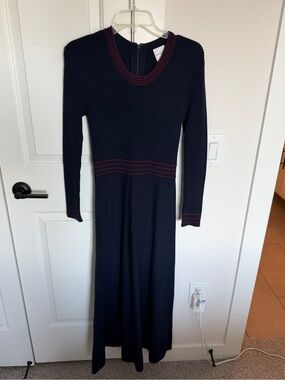 Hunter Bell Women’s Navy Long Sleeve Knit Dress with Red Trim